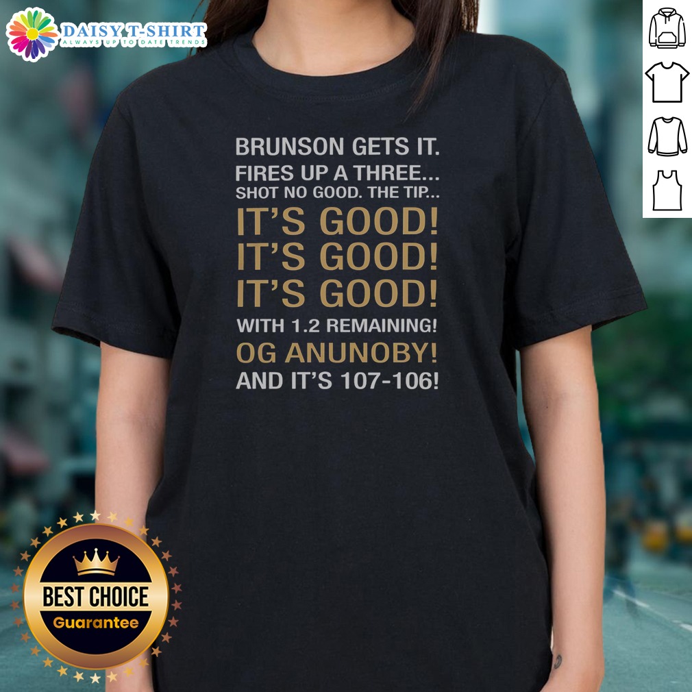 Premium Jalen Brunson OG Anunoby New York Knicks NBA Brunson Gets It Fires Up A Three Ladies Shirt Premium Jalen Brunson OG Anunoby New York Knicks NBA Brunson Gets It Fires Up A Three Ladies Shirt in white, featuring bold basketball graphics