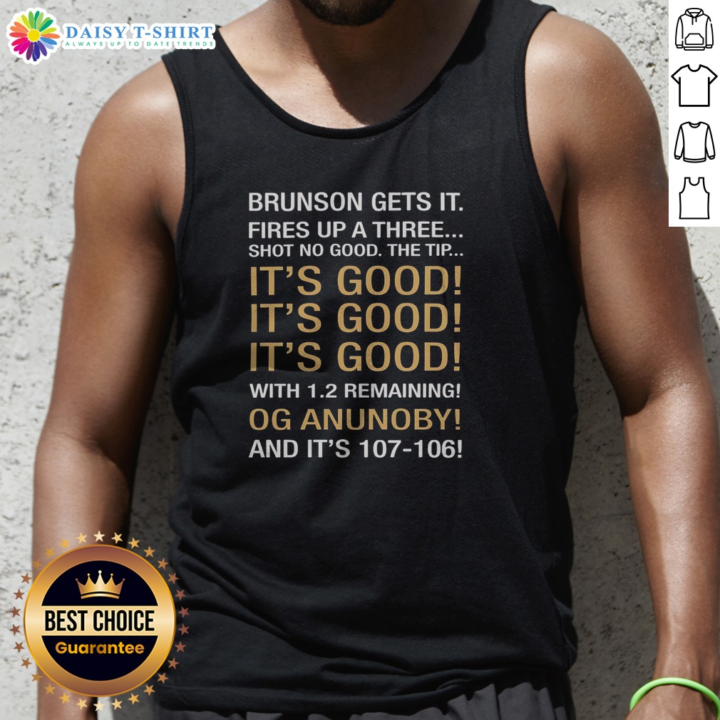 Premium Jalen Brunson OG Anunoby New York Knicks NBA Brunson Gets It Fires Up A Three Tank Top Premium Jalen Brunson OG Anunoby New York Knicks NBA Brunson Gets It Fires Up A Three Tank Top in white with bold graphic