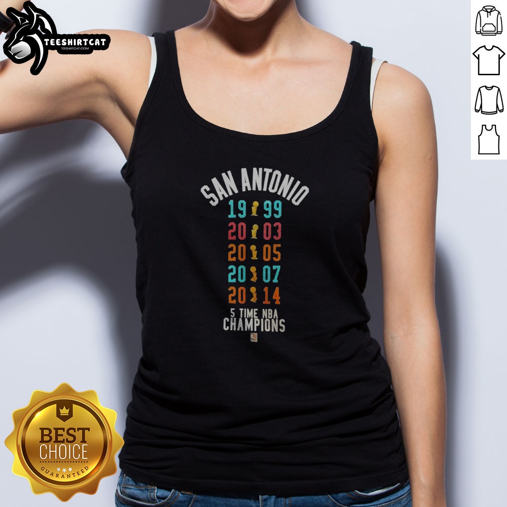 premium-san-antonio-spurs-5-time-nba-champions-1999-2003-2005-2007-2014-tank-top Premium San Antonio Spurs 5 Time NBA Champions 1999 2003 2005 2007 2014 Tank top displayed on a neutral background