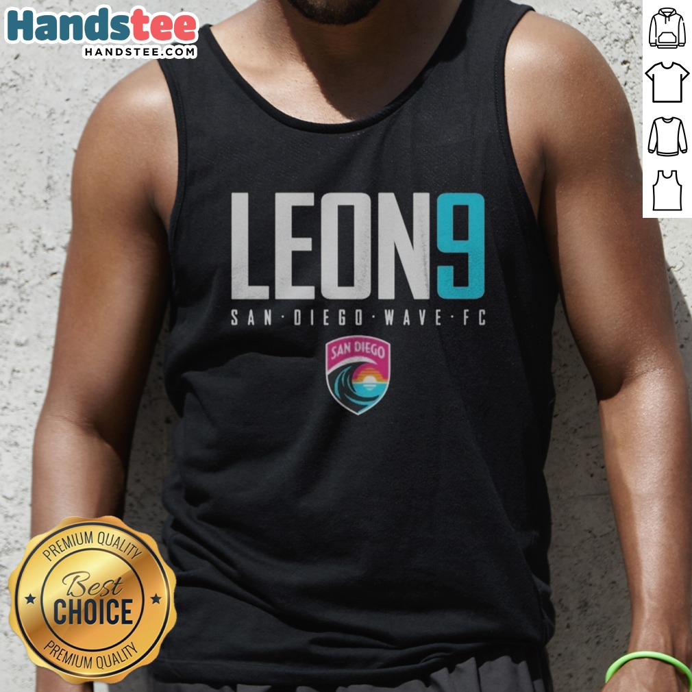 premium-san-diego-wave-fc-leon-9-san-diego-wave-fc-nwsl-player-name-jersey-tank-top Premium San Diego Wave FC Leon 9 San Diego Wave FC NWSL Player Name Jersey Tank top displayed on a hanger
