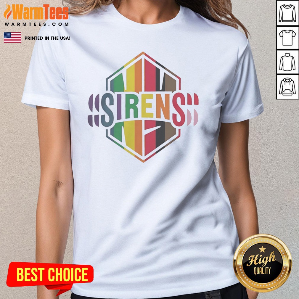 premium-sirens-pride-flag-lgbtq-rainbow-ladies-tee Premium Sirens Pride Flag LGBTQ Rainbow ladies tee in vibrant colors on a soft cotton shirt for women