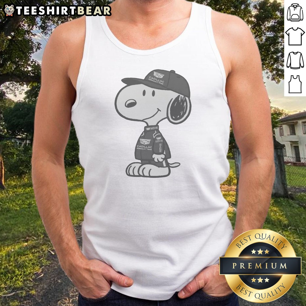 premium-snoopy-gadillac-formula-1-team-tank-top Premium Snoopy Gadillac Formula 1 Team Tank Top in white with graphic print featuring Snoopy and racing elements