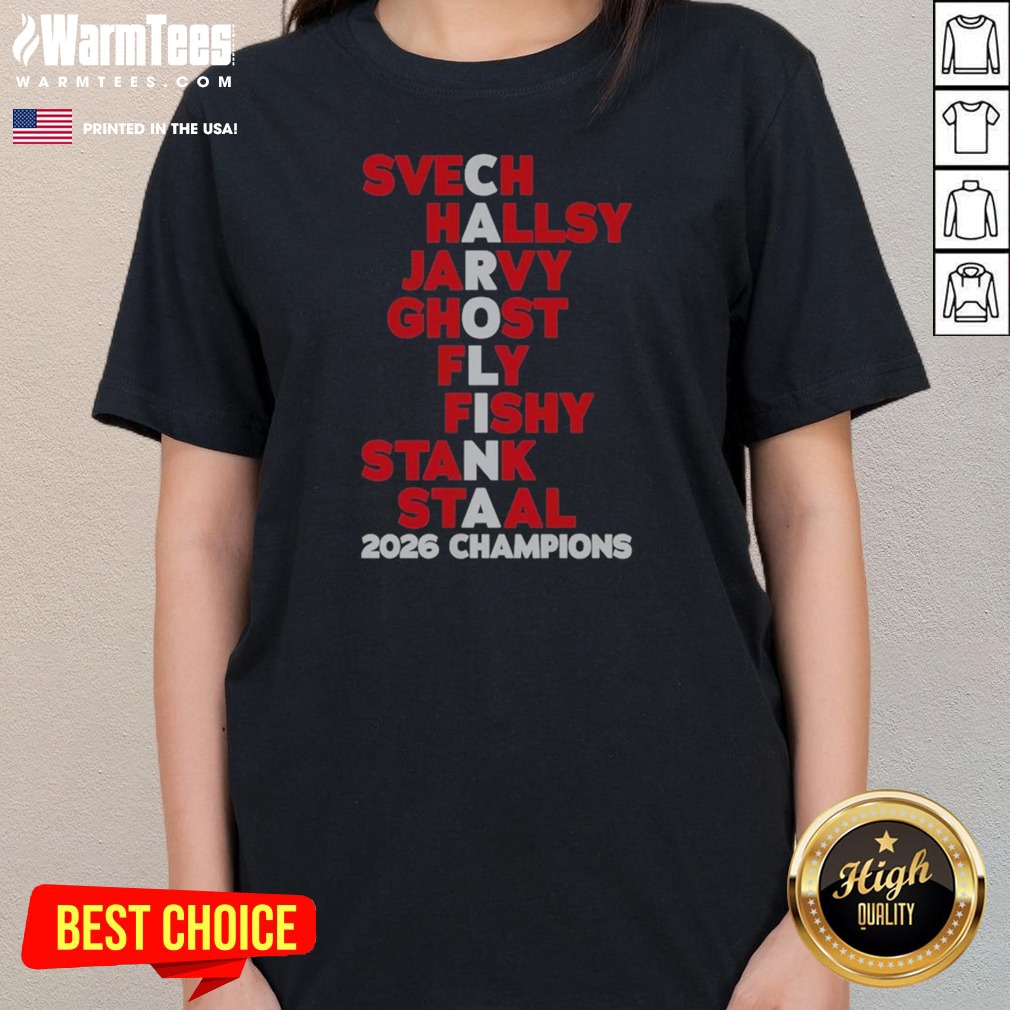 premium-svech-hallsy-jarvy-ghost-fly-fishy-stank-staal-2026-champions-nhl-ladies-tee Premium Svech Hallsy Jarvy Ghost Fly Fishy Stank Staal 2026 Champions NHL ladies tee in black with bold graphic print