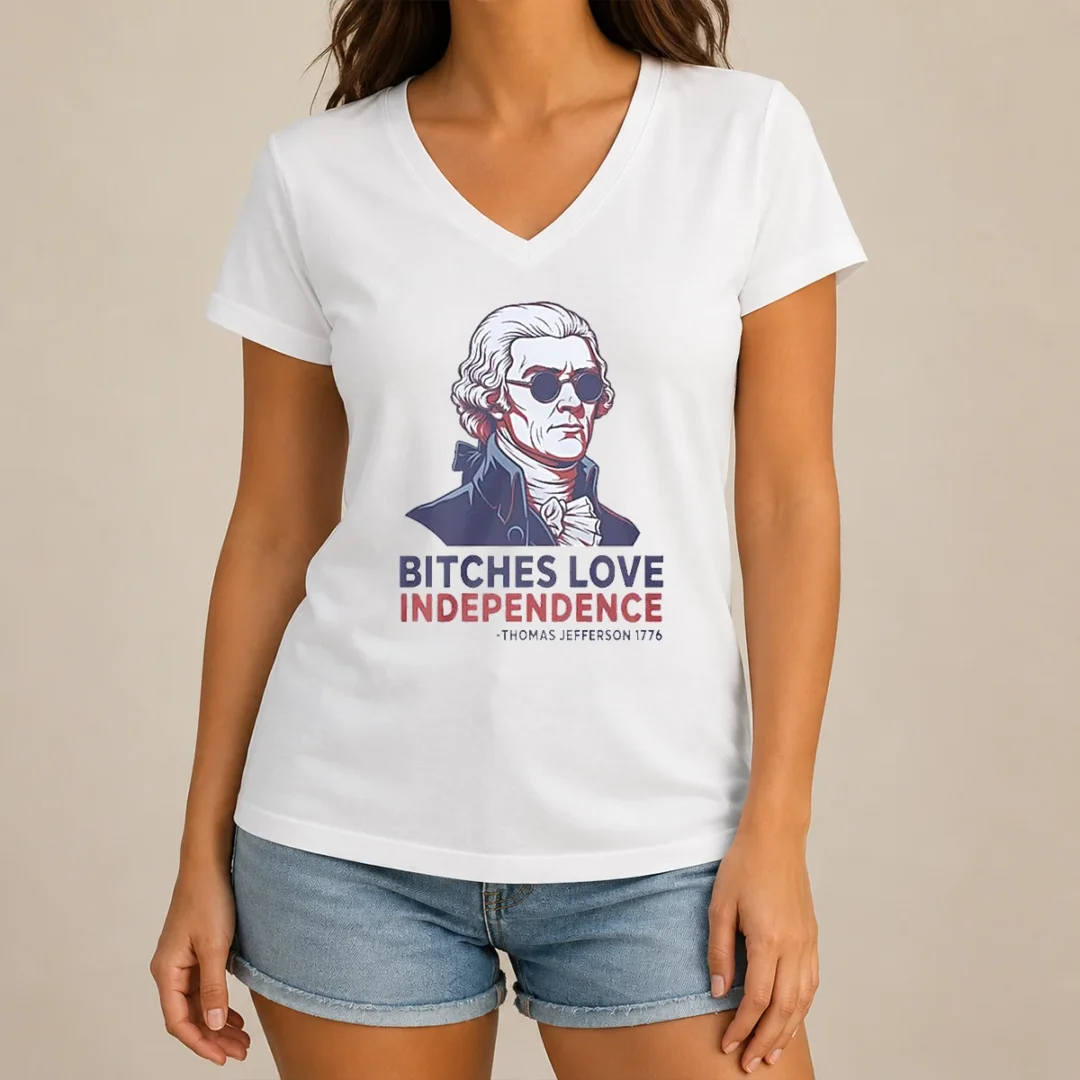 premium-thomas-jefferson-1776-bitches-love-independence-v-neck-shirt Premium Thomas Jefferson 1776 Bitches Love Independence V Neck Shirt in dark color showing front design and V neck style
