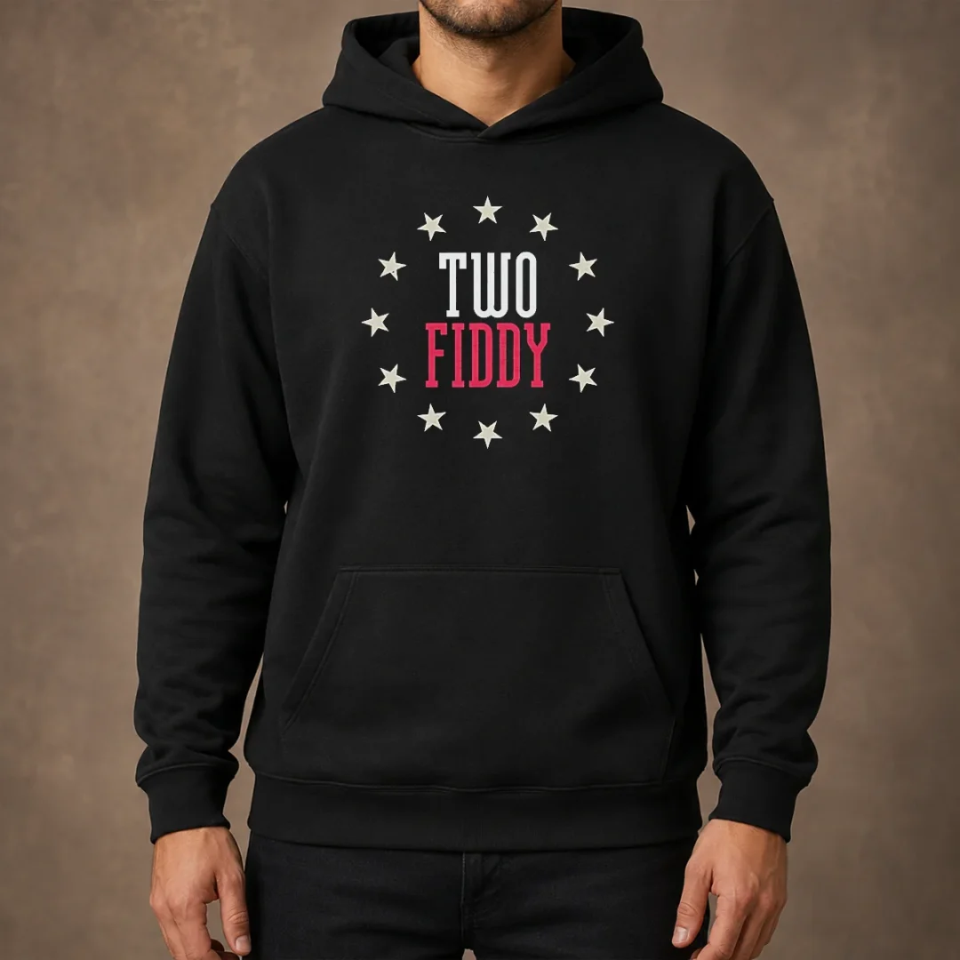 premium-two-fiddy-stars-hoodie Premium Two Fiddy Stars Hoodie in dark grey with front pocket and adjustable hood, displayed on a flat-lay background