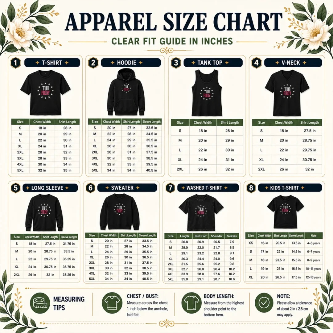 premium-two-fiddy-stars-size-chart Size chart for Premium Two Fiddy Stars showing garment measurements in inches and centimeters