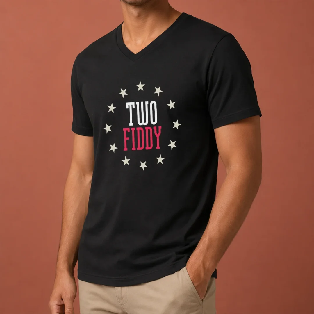 premium-two-fiddy-stars-v-neck Premium Two Fiddy Stars V Neck Shirt displaying a comfortable slim-fit design with star graphic on front