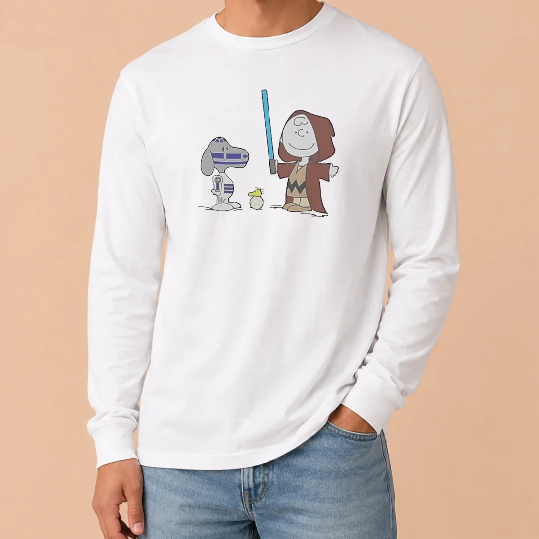 Pretty Charlie Brown Snoopy Woodstock Star Wars R2 D2 BB 8 Mashup Character Long Sleeve Shirt Pretty Charlie Brown Snoopy Woodstock Star Wars R2 D2 BB 8 Mashup Character Long Sleeve Shirt in white, front view