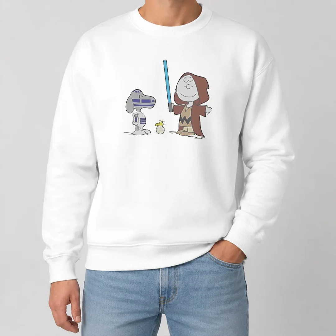 Pretty Charlie Brown Snoopy Woodstock Star Wars R2 D2 BB 8 Mashup Character Sweater Pretty Charlie Brown Snoopy Woodstock Star Wars R2 D2 BB 8 Mashup Character Sweater in cozy knit fabric with vibrant graphic print
