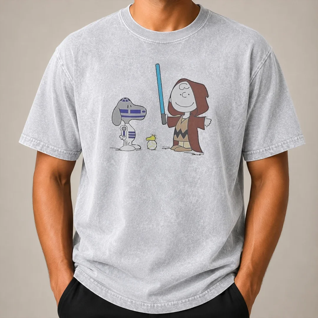Pretty Charlie Brown Snoopy Woodstock Star Wars R2 D2 BB 8 Mashup Character Washed T Shirt Pretty Charlie Brown Snoopy Woodstock Star Wars R2 D2 BB 8 Mashup Character Washed T-Shirt
