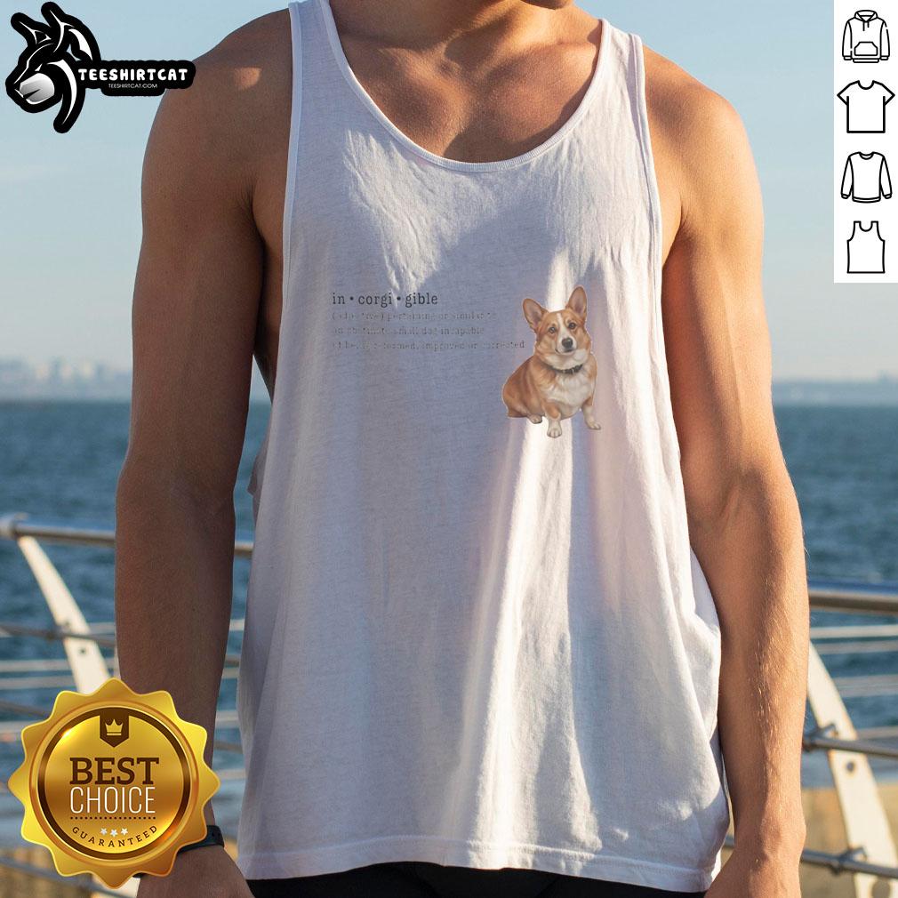 pretty-corgi-in-corgi-gible-dog-incapable-of-being-reformed-tank-top Adorable pretty corgi wearing a 'Corgi Gible Dog' tank top, showcasing its playful personality and charm.