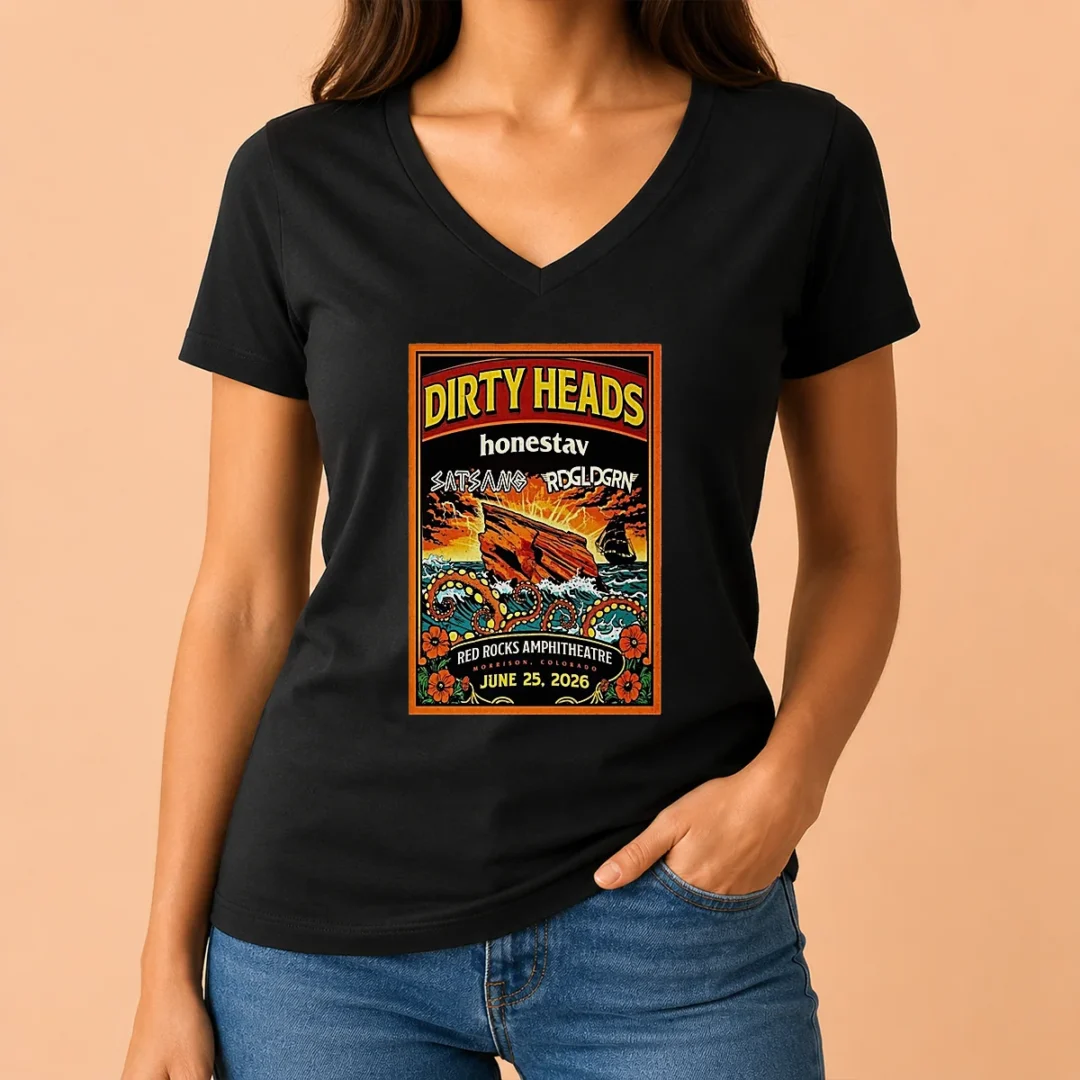 pretty-dirty-heads-morrison-red-rocks-amphitheatre-jun-25-2026-poster-v-neck-shirt Pretty Dirty Heads Morrison Red Rocks Amphitheatre Jun 25 2026 Poster V Neck Shirt in red with concert graphic design
