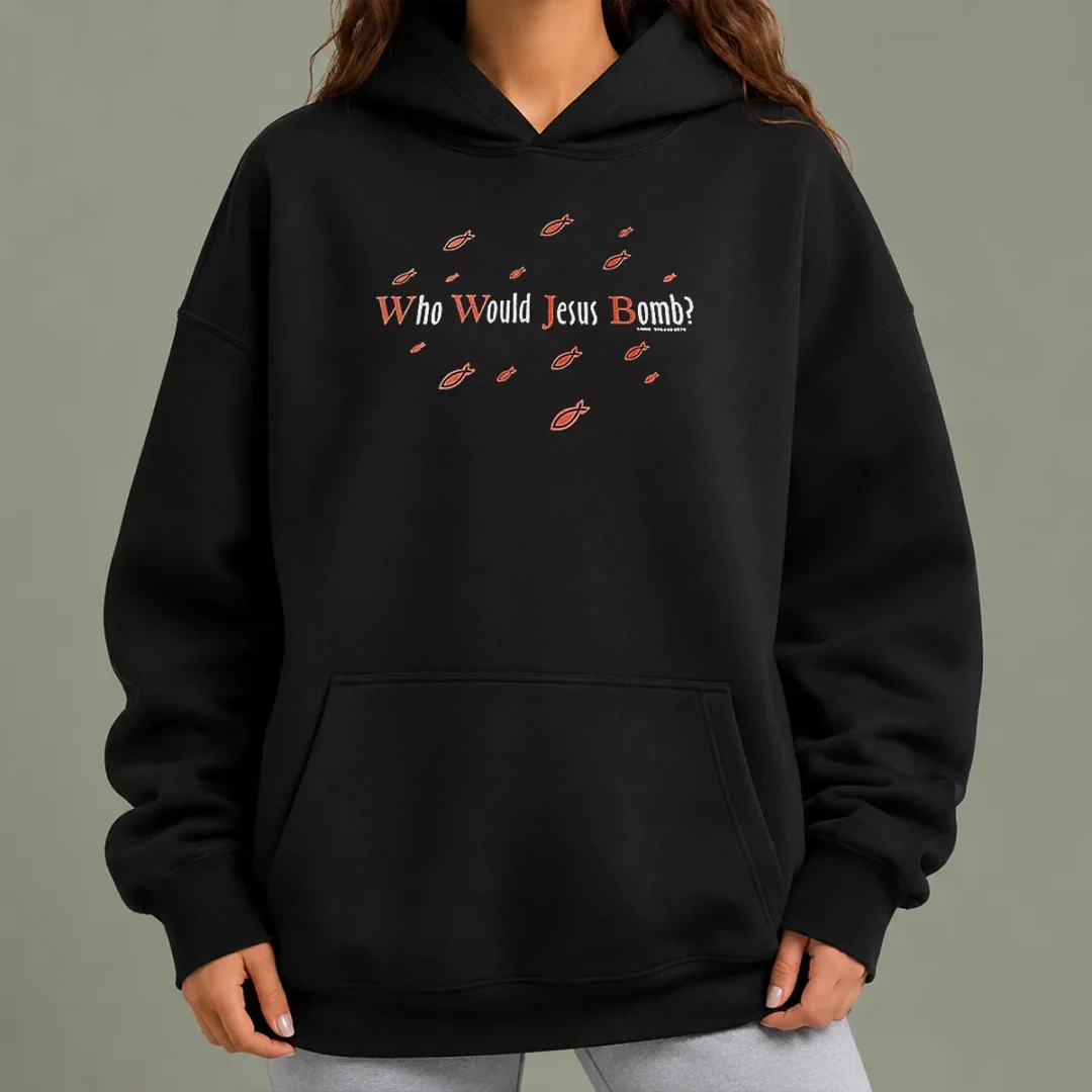 pretty-fish-who-would-jesus-bomb-hoodie Pretty Fish WHO Would Jesus Bomb Hoodie in dark color with front graphic design and drawstring hood