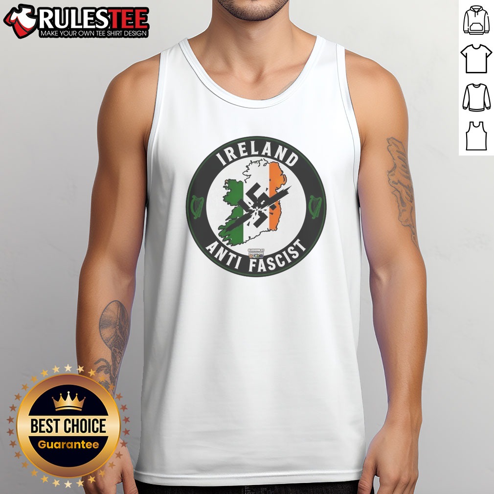 pretty-ireland-anti-fascist-tank-top Pretty Ireland Anti Fascist Tank top in white with bold green and orange print, sleeveless casual wear