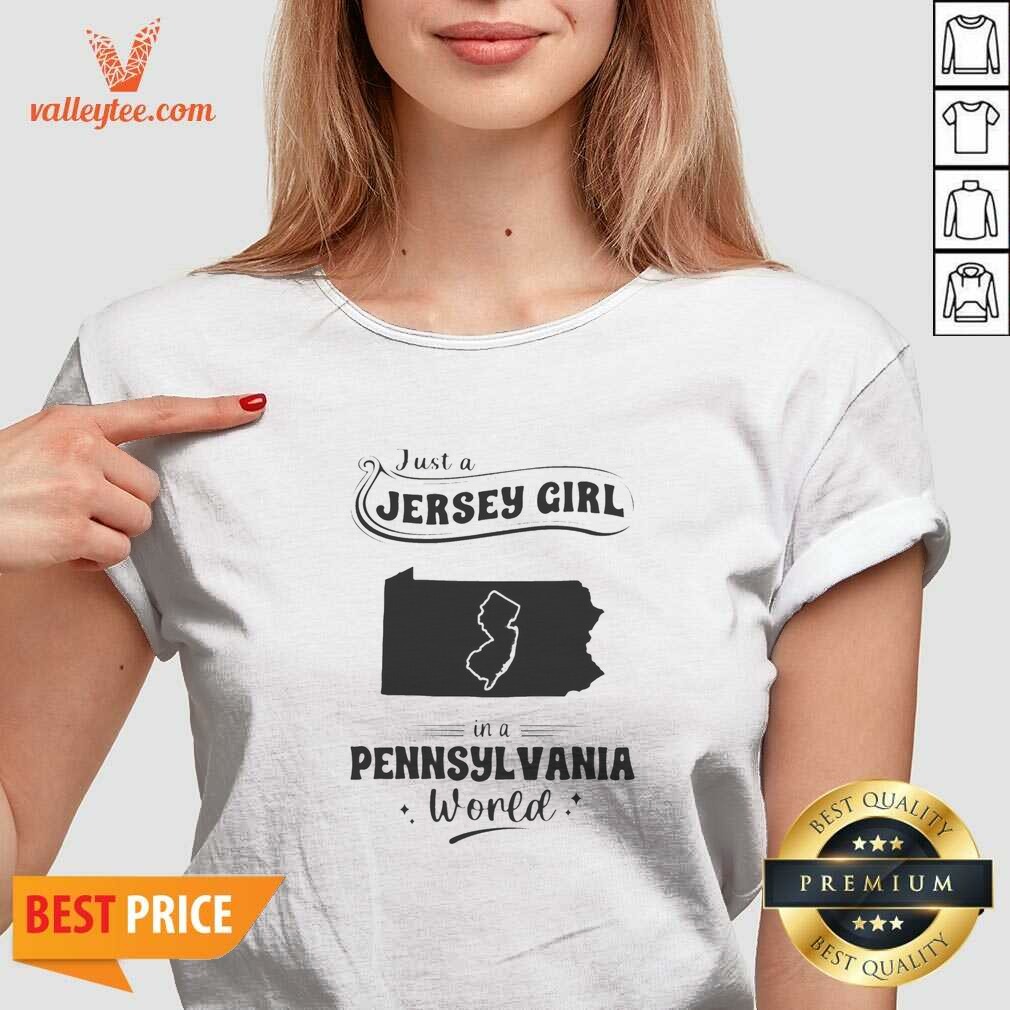 pretty-just-a-jersey-girl-in-a-pennsylvania-world-map-v-neck-optimized Pretty Just A Jersey Girl In A Pennsylvania World Map v neck optimized women's V-neck T-shirt featuring state map design