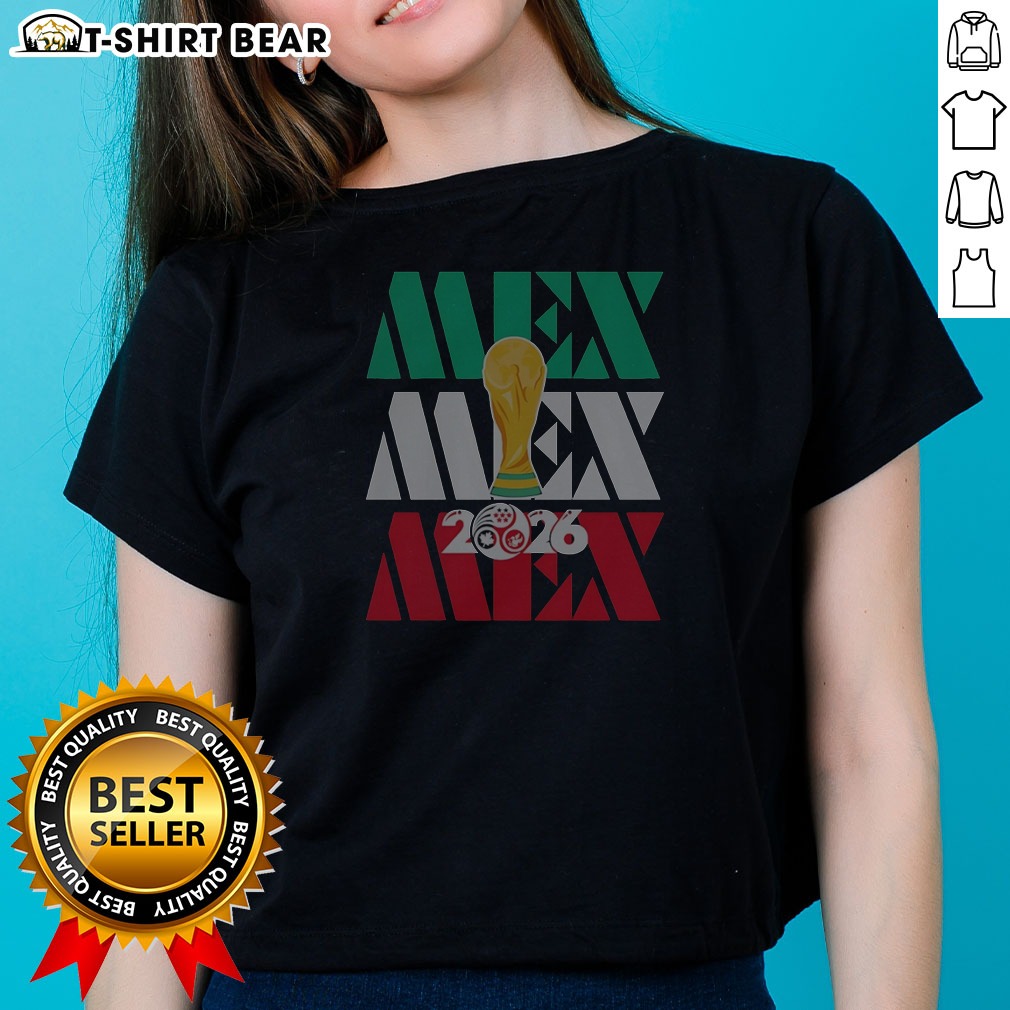 Pretty Mexico 2026 World Cup FIFA Football Soccer Trophy Logoshirt Ladies Shirt Pretty Mexico 2026 World Cup FIFA Football Soccer Trophy Logoshirt Ladies Shirt in white with colorful logo print