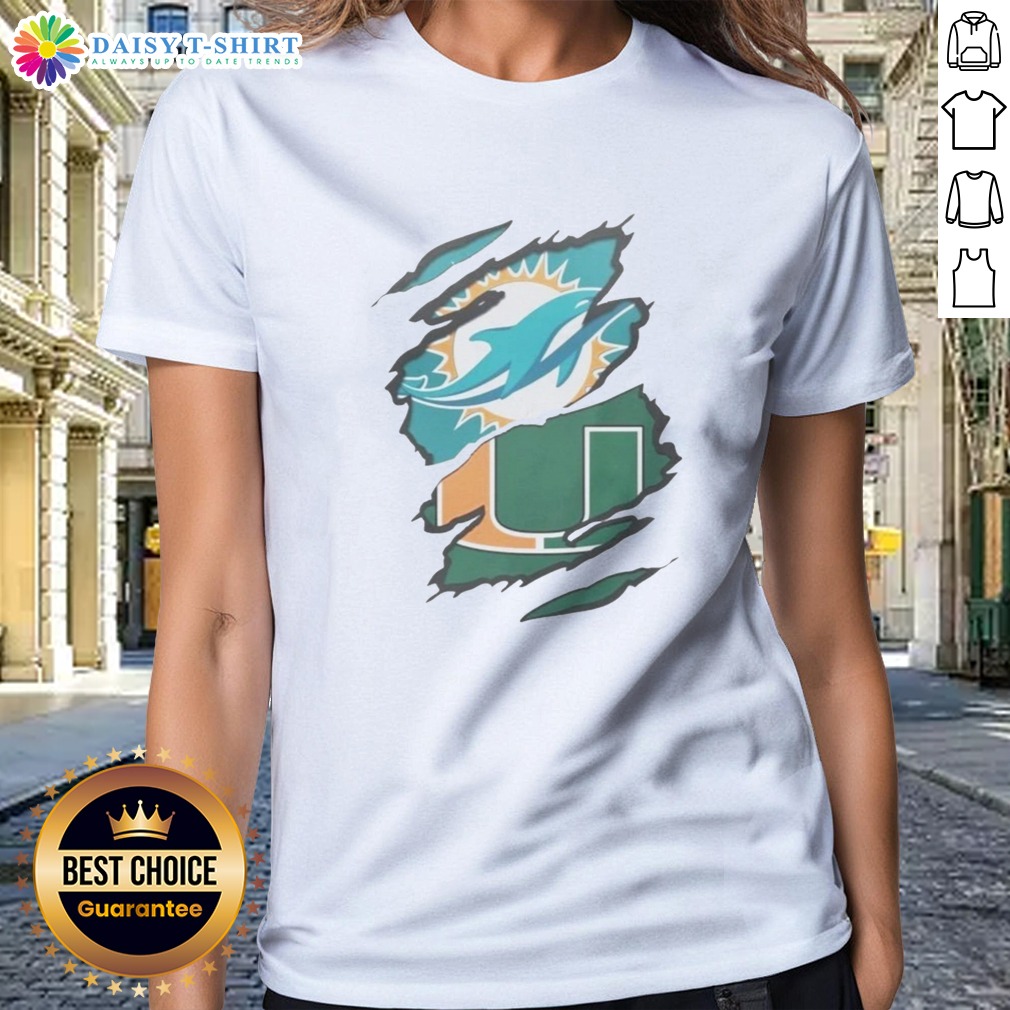 Pretty Miami Dolphins And Miami Hurricanes Ripped Logo Design Apparel Ladies Shirt Pretty Miami Dolphins And Miami Hurricanes Ripped Logo Design Apparel Ladies Shirt displayed on a hanger