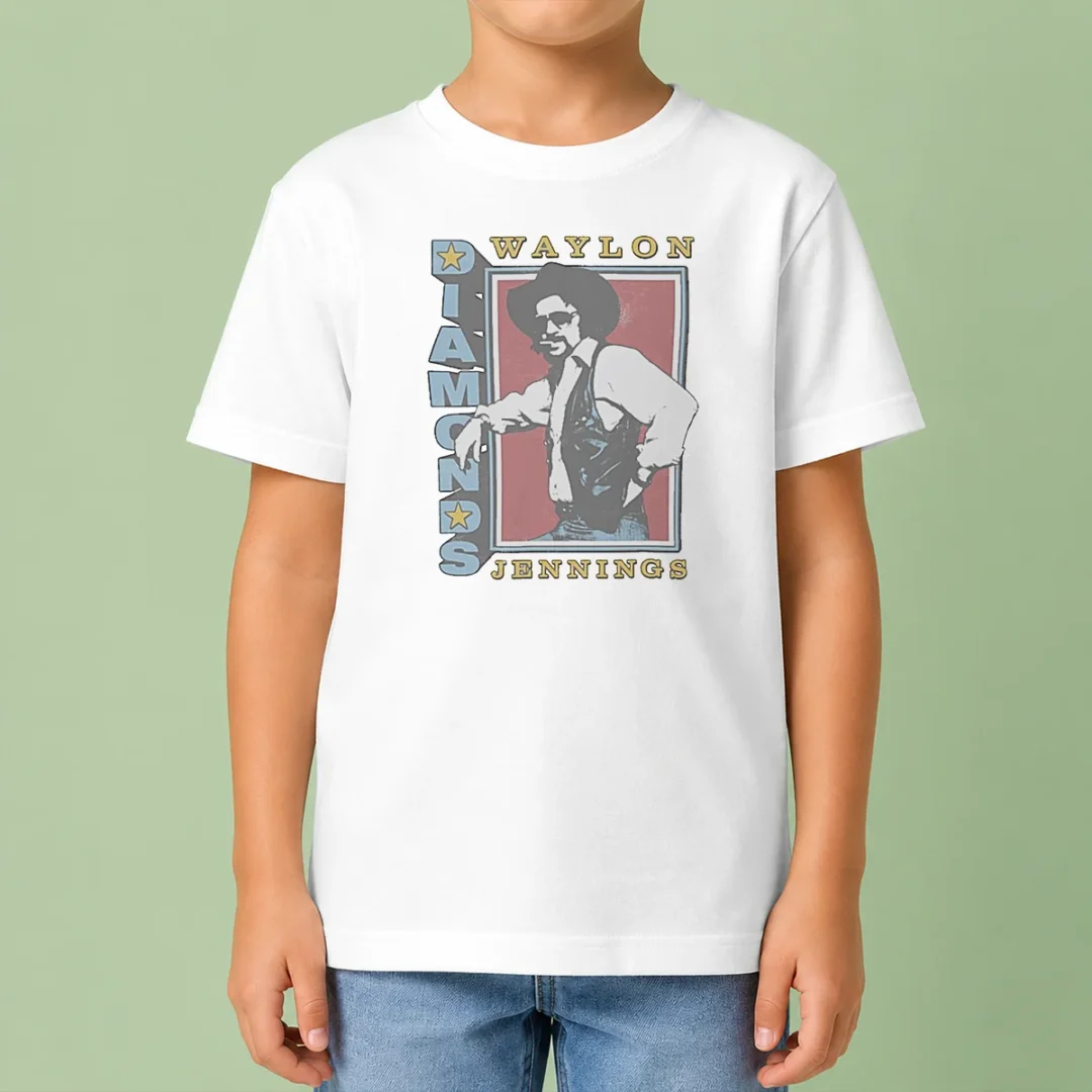 pretty-nice-waylon-jennings-diamonds-ringer-kids-t-shirt Pretty Nice Waylon Jennings Diamonds Ringer Kids T Shirt featuring a classic ringer style with contrasting collar and sleeve bands