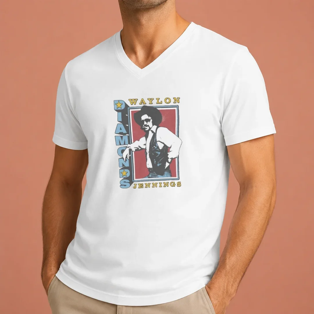 pretty-nice-waylon-jennings-diamonds-ringer-v-neck Pretty Nice Waylon Jennings Diamonds Ringer V Neck Shirt in white with black trim, featuring vintage Waylon Jennings graphic