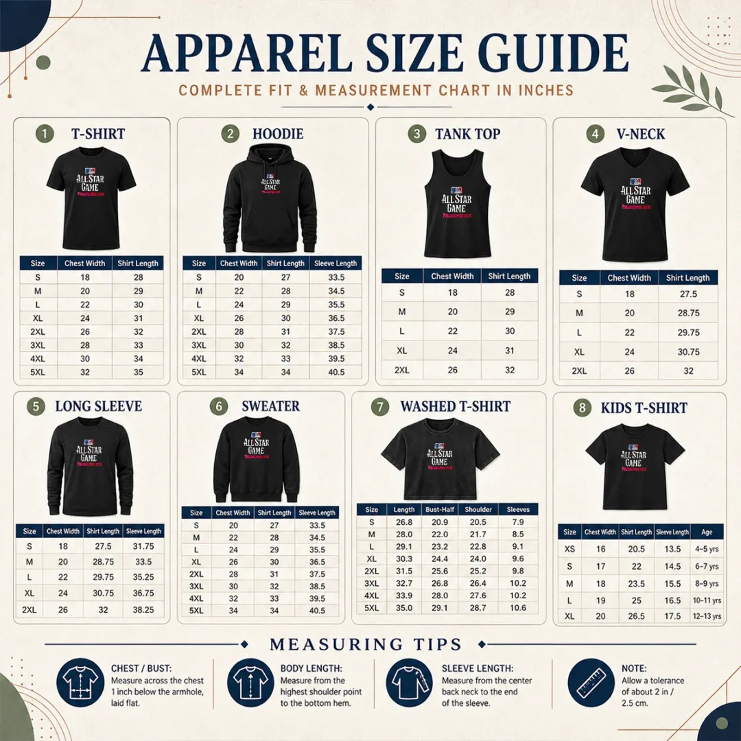 Pretty Philadelphia 2026 MLB All Star Game USA 250 Size Chart Size chart for Pretty Philadelphia 2026 MLB All Star Game USA 250 with measurements in inches and cm