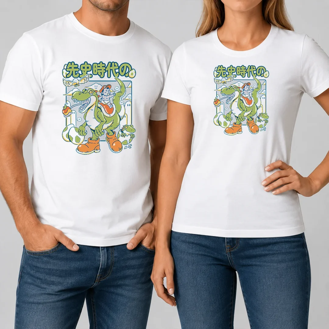 pretty-prehistoric-guardian-t-shirt-1 Pretty Prehistoric Guardian t shirt showing front view of a short sleeve cotton tee with dinosaur graphic