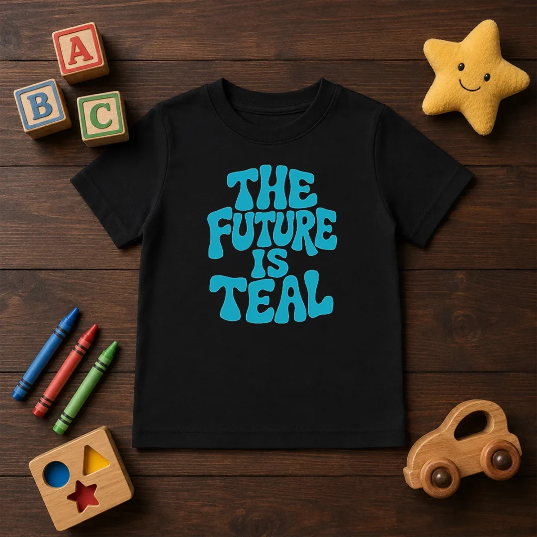 pretty-the-future-is-teal-kids-t-shirt Pretty The Future Is Teal Kids T Shirt in bright teal color with bold white text design, short sleeves and crew neck