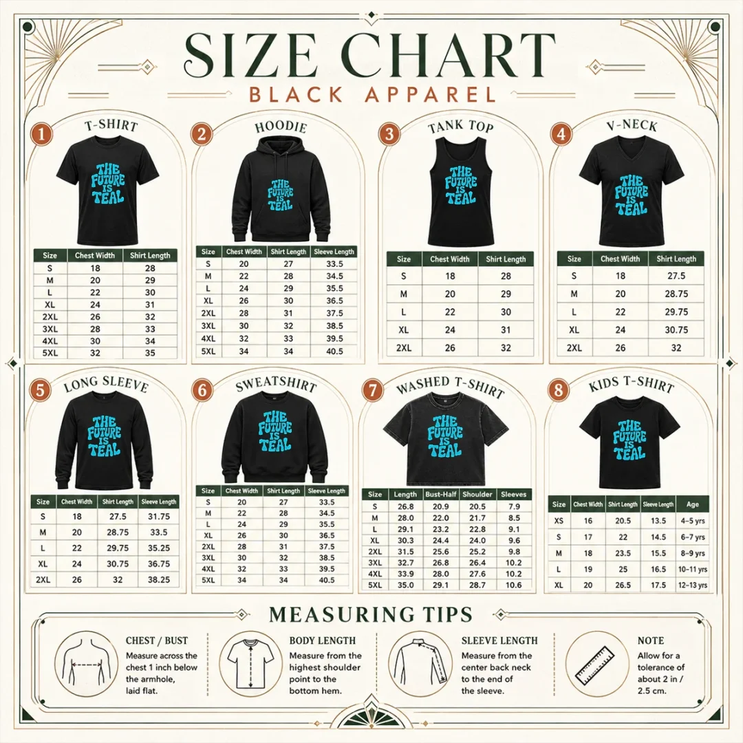 pretty-the-future-is-teal-size-chart Size chart for Pretty The Future Is Teal showing measurements in inches and centimeters