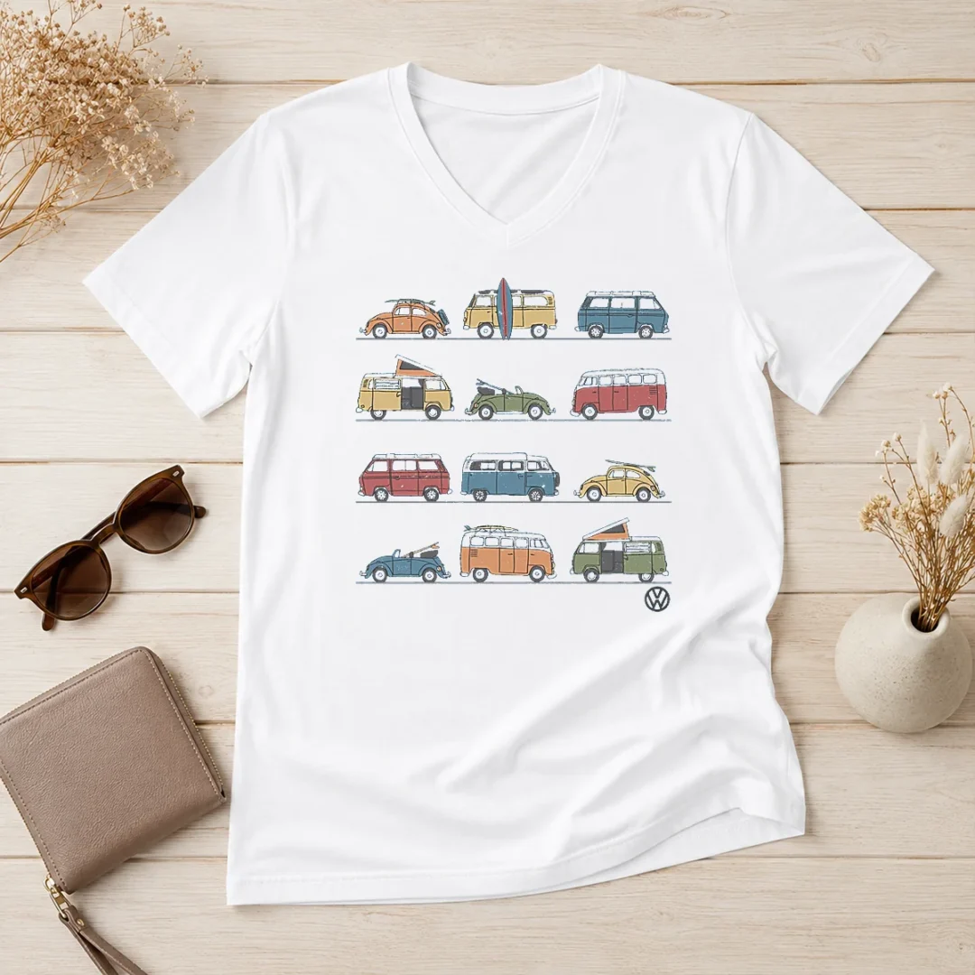 pretty-volkswagen-vans-and-beetles-mens-v-neck-shirt Pretty Volkswagen Vans And Beetles Mens V Neck Shirt featuring classic car illustrations on a comfortable v neck garment