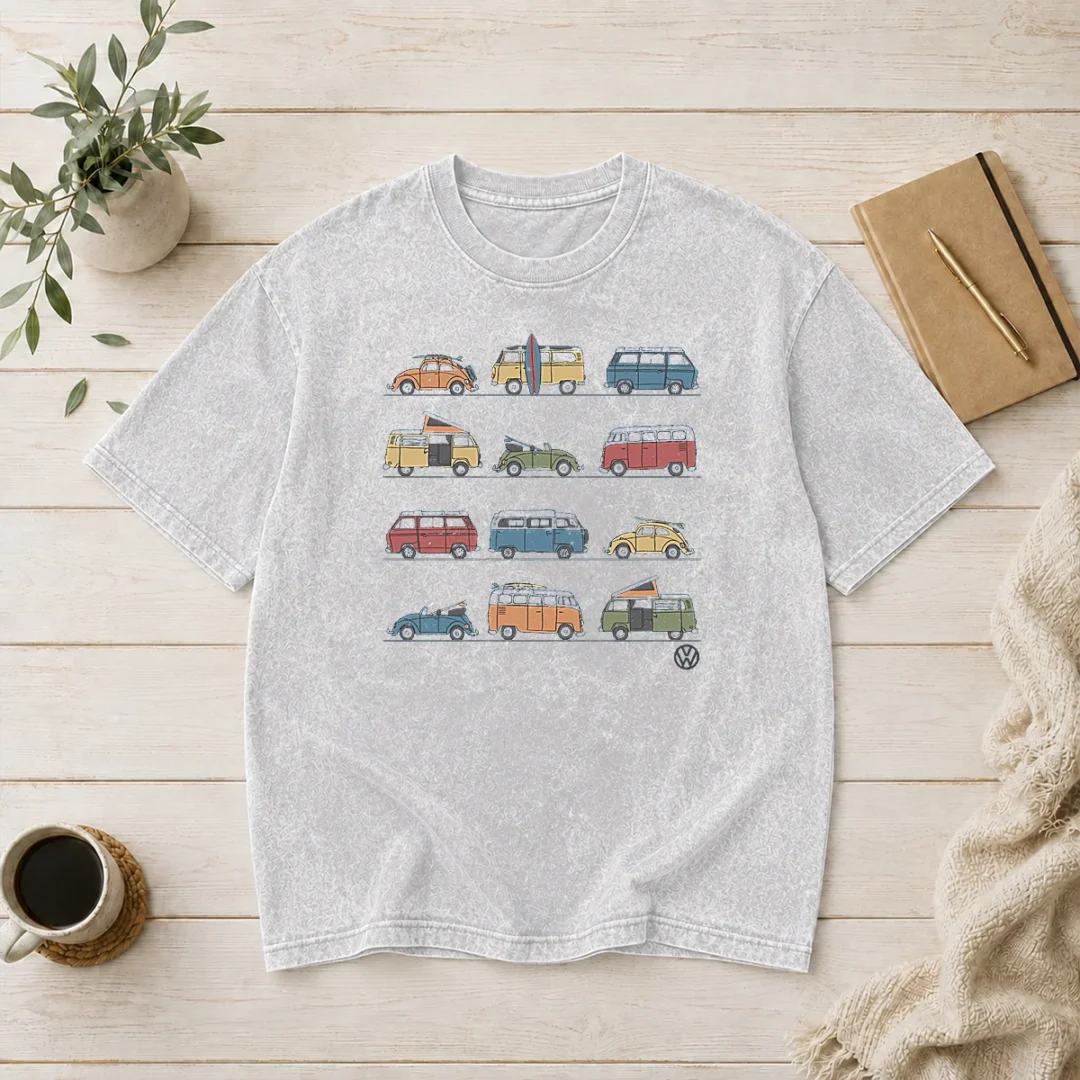 pretty-volkswagen-vans-and-beetles-mens-washed-t-shirt Pretty Volkswagen Vans And Beetles Mens Washed T Shirt in soft, vintage-style fabric with a classic crew neck