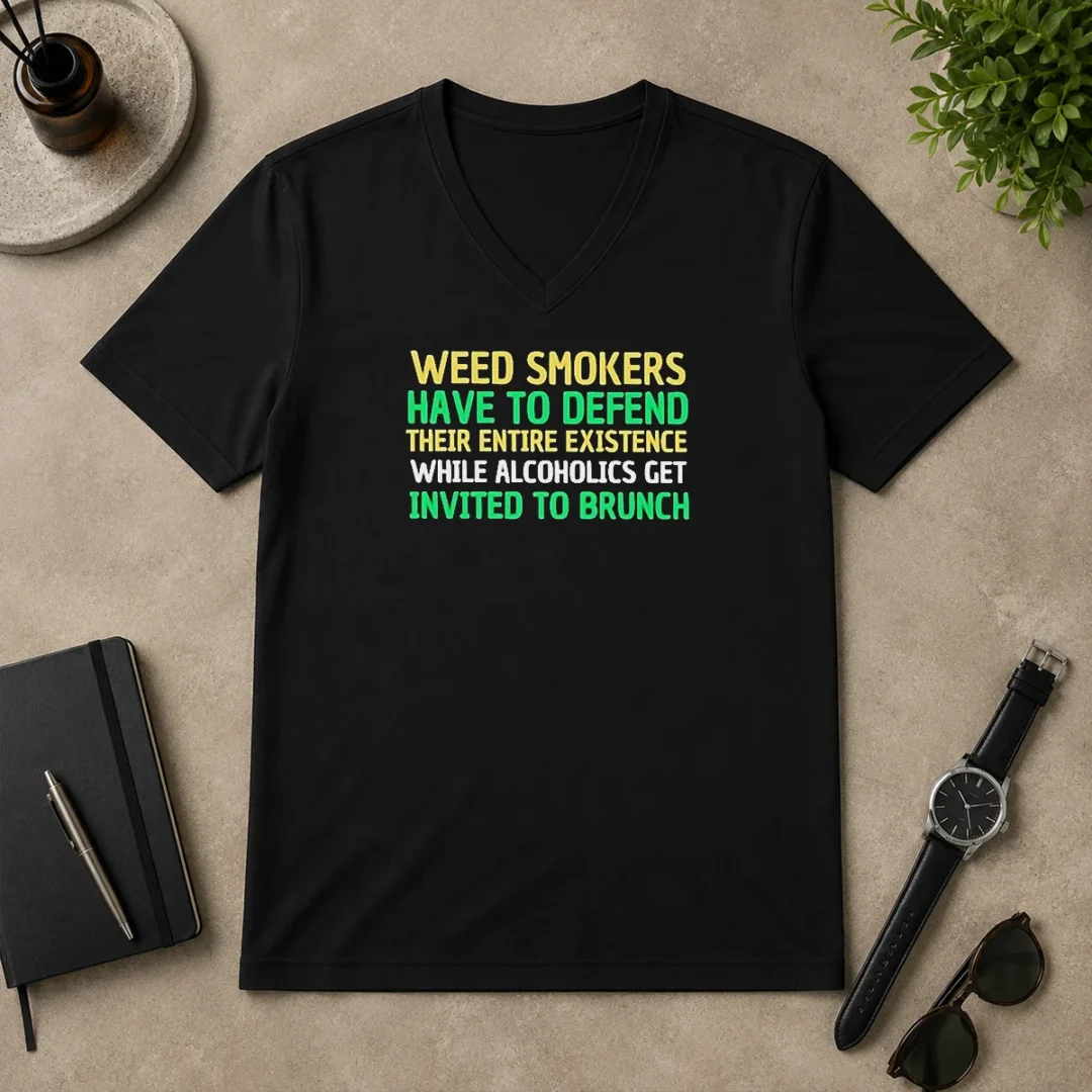 Pretty Weed Smokers Have To Defend Their Entire Existence While Alcoholics Get Invited To Brunch V Neck Shirt Pretty Weed Smokers Have To Defend Their Entire Existence While Alcoholics Get Invited To Brunch graphic on a black v neck shirt