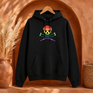 Premium Rainbow Skull And Crutches Pride Symbol Disability Awareness Hoodie in vibrant colors on a comfortable pullover hoodie