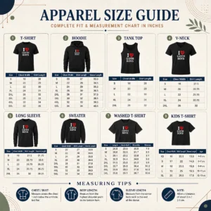 Size chart for Original I Love Goth Boys with measurements in inches and cm for accurate sizing