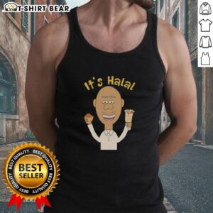 Muslim man enjoying dates kebab while wearing an 'Original It's Halal' tank top during Ramadan festivities.