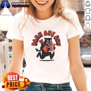 Original Black Cat Park Ave Cos Ladies Tee featuring a stylish black cat design on a comfortable women's t-shirt.