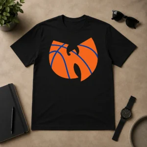 Official Wu Tang Clan X New York Knicks Logo t shirt in black with bold graphic print on front