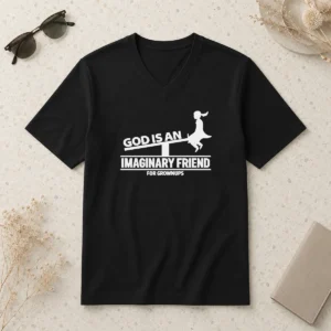 Awesome God Is An Imaginary Friend For Grownups V Neck Shirt in dark color with bold white text design
