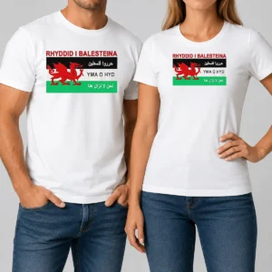 Awesome Rhyddid I Balesteina Yma O Hyd Wales Palestine Solidarity Flag t shirt in classic fit, displayed flat with bold graphic and text