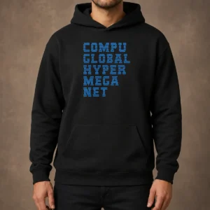 Good Compu Global Hyper Mega Met Hoodie in black with front pocket and adjustable drawstring hood