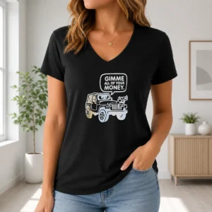 Happy Good Gimme All Of Your Money V Neck Shirt in soft cotton fabric with short sleeves and fitted cut