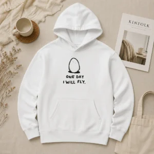 Nice One Day I Will Fly Hoodie in charcoal gray, front view with kangaroo pocket and drawstring hood