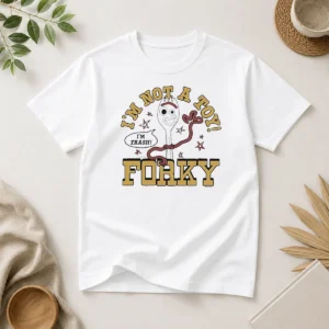 Original Im Not A Toy Story Forky Im Trash graphic t shirt in white, front view with clear print