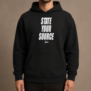 Pretty Jaylen Brown State Your Source Hoodie in black, featuring a front kangaroo pocket and adjustable drawstring hood