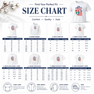 Size chart for Awesome FIFA World Cup 2026 Canada Mexico United States Soccer with measurements in inches and cm