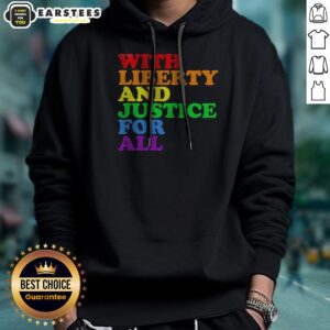 Pretty With Liberty And Justice For All Pride Rainbow Text Pride Hoodie in vibrant rainbow colors on a comfortable pullover hoodie