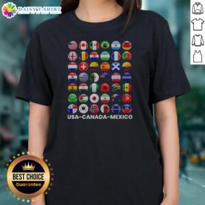 Original USA Canada Mexico International Soccer Tournament All Country Flags Ladies Shirt displayed on a model.