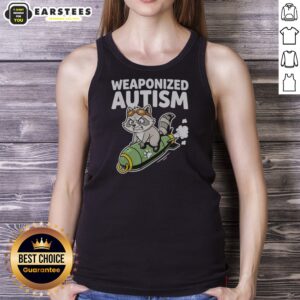 Pretty Weaponized Autism Raccoon Riding Rocket Bomb Funny Parody Humor Casual Cotton tank top featuring a unique design.