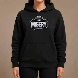 Original Property Of Misery Worldwide Hoodie in black, front view with drawstring hood and kangaroo pocket