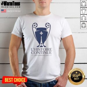 Good Paris Saint Germain L'Histoire Continue League UCL 2026 Trophy shirt displayed on a clean background