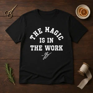 Premium Ben Stiller Jalen Brunson The Magic Is In The Work Signature t shirt in black, front view