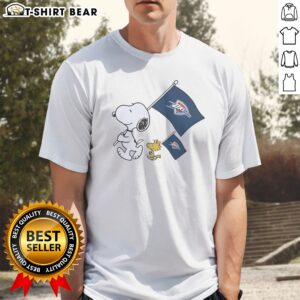 Official Snoopy And Woodstock Holding Oklahoma City Thunder Flags To Cheer Shirt featuring vibrant colors and fun graphics.
